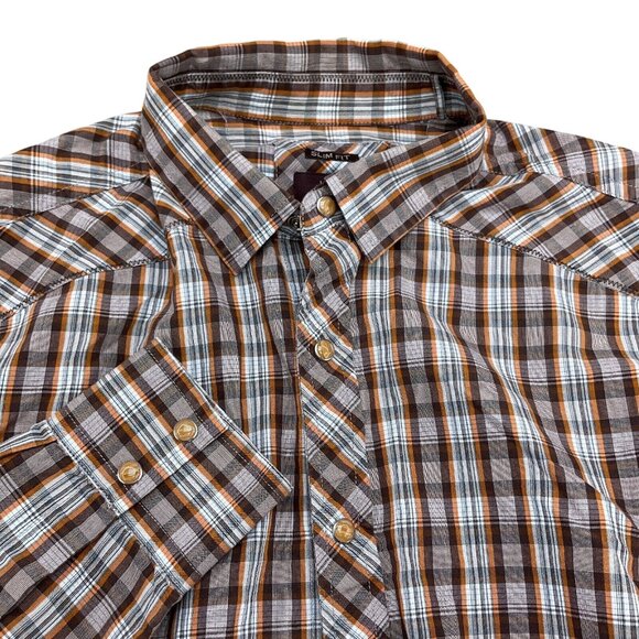 Prana Shirt Men‎ Medium Orange Brown Plaid Slim Fit Western Cowboy Snap Cotton - Picture 1 of 12